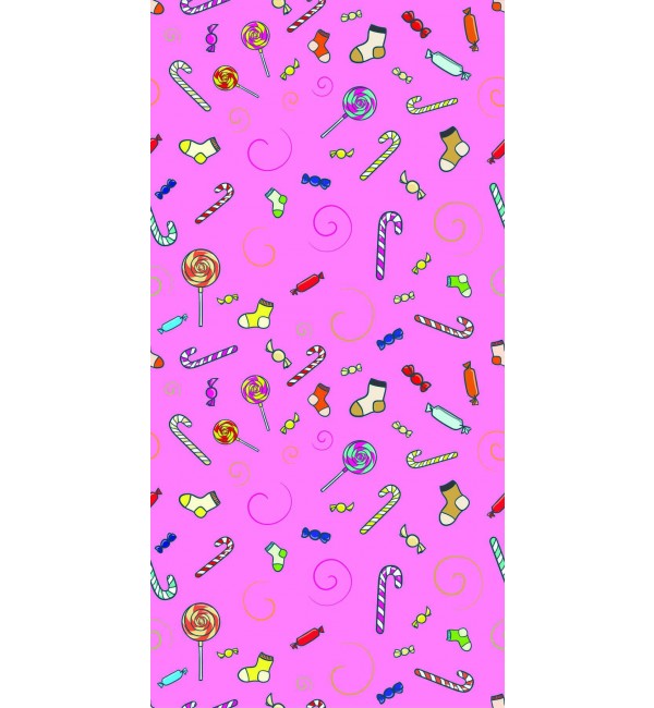 Multi-colour candy pattern laminate with high gloss finish, featuring lollipops and sweets on pink background, designer