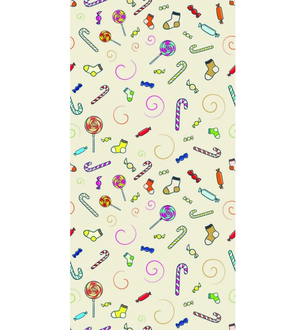 Multicolour candy pattern on high gloss decorative laminate with swirls and sweets design on cream background