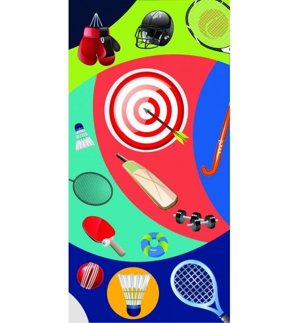 Multi-coloured sports-themed decorative laminate with suede finish, featuring various sports equipment illustrations on a