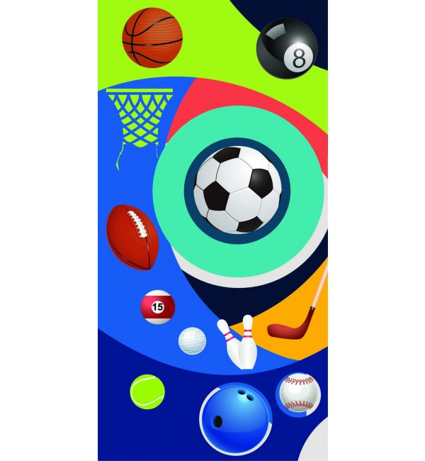 Multi-coloured sports-themed laminate with high gloss finish, featuring various sports equipment and vibrant abstract shapes
