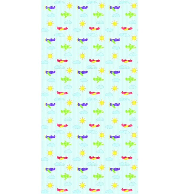Multi-coloured airplane pattern on suede finish decorative laminate with subtle texture and vibrant colours.