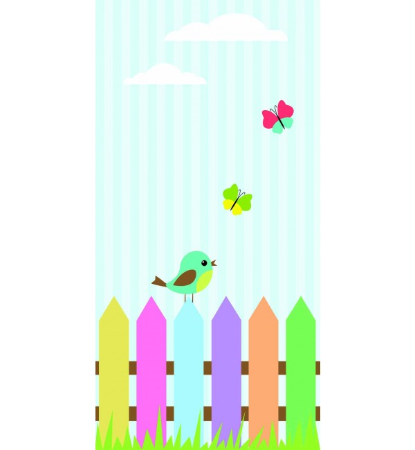 Multicoloured picket fence pattern on suede finish decorative laminate with birds and butterflies on pastel blue background