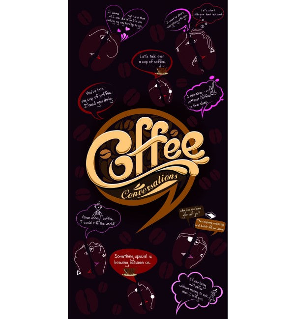 Black designer laminate with coffee bean pattern and speech bubbles in gold, purple, and red on high gloss finish.