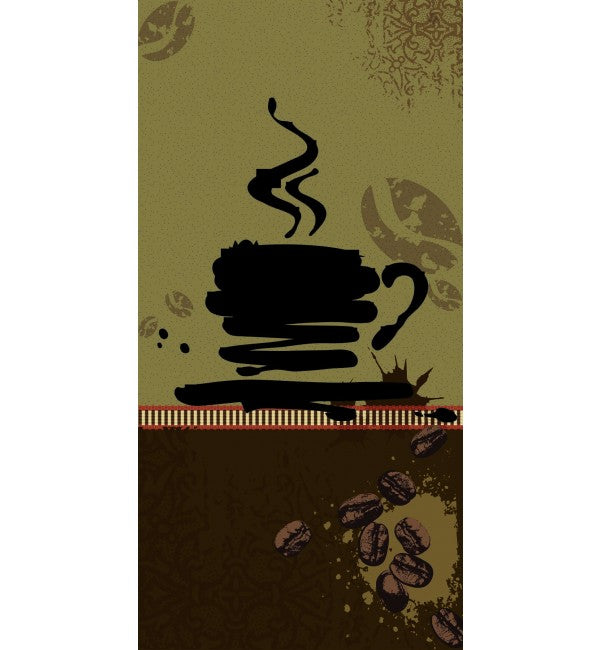 Brown designer laminate with suede finish, coffee bean pattern, and abstract coffee cup design on a textured background