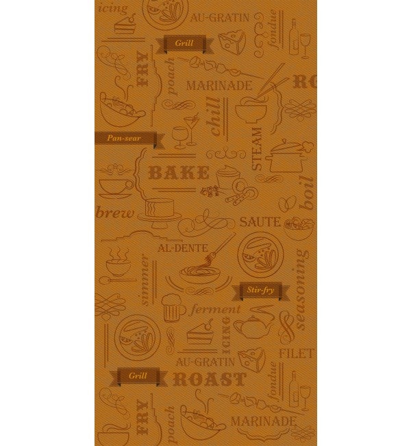 Brown designer laminate with kitchen-themed illustrations and text, glossy finish, and subtle texture, Chef'S Kitchen 2