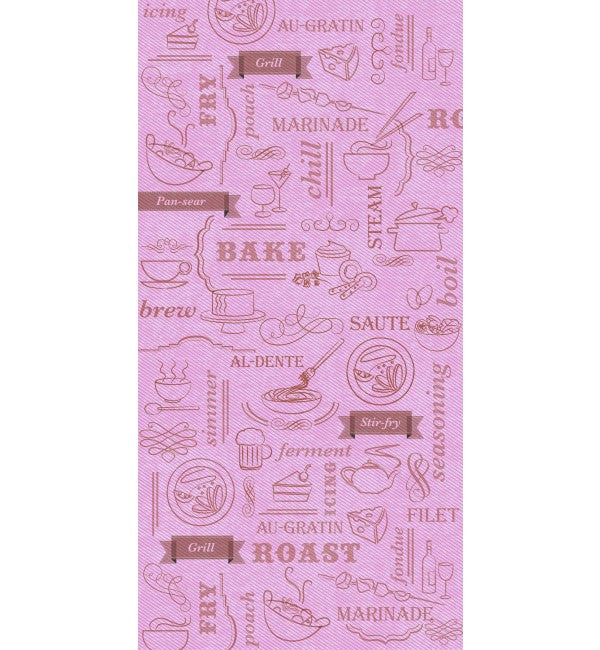 Pink suede laminate with kitchen-themed pattern, featuring cooking terms and utensil illustrations in a designer decorative