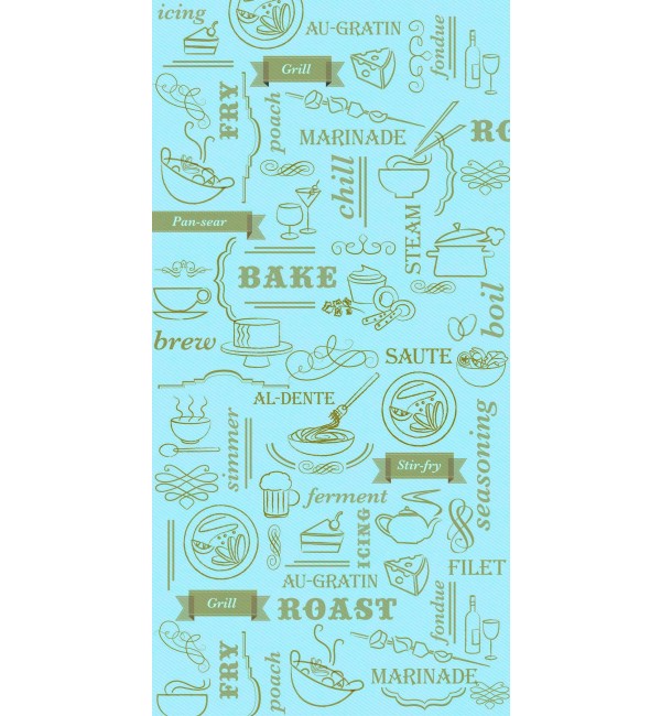Blue designer laminate with suede finish, featuring kitchen-themed icons and text in gold, Chef'S Kitchen 4 pattern.