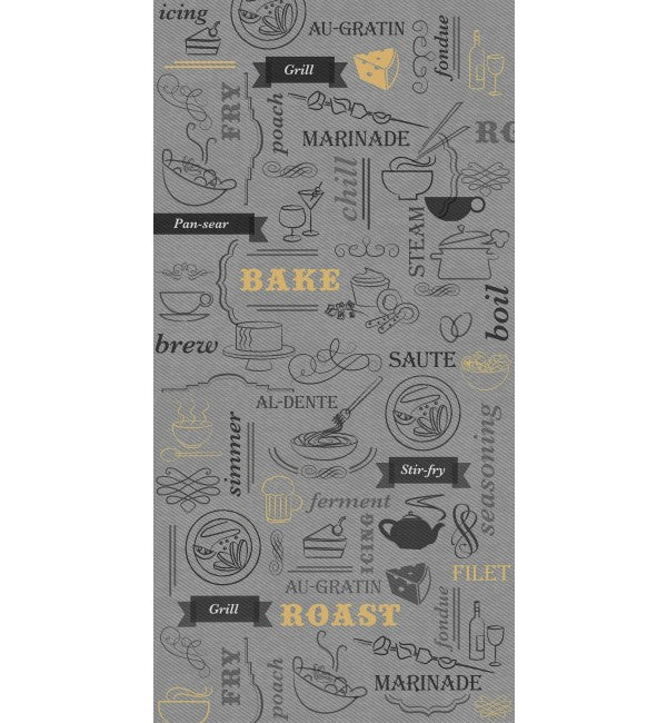 Grey suede laminate with kitchen-themed pattern, featuring cooking-related words and illustrations in black and yellow on