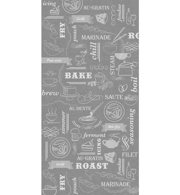 Grey high-gloss designer laminate with kitchen-themed pattern, featuring cooking-related words and illustrations on a