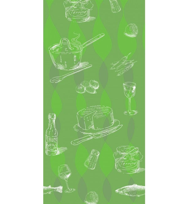 Green suede finish decorative laminate with food illustrations and diamond pattern in lighter and darker shades of green.