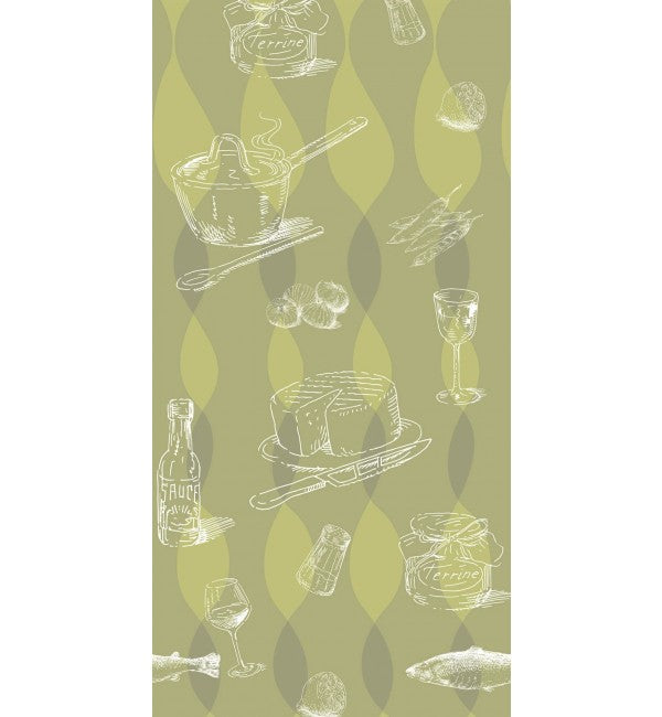 Multi-coloured suede finish designer laminate with food pattern and olive green argyle background, showing texture and