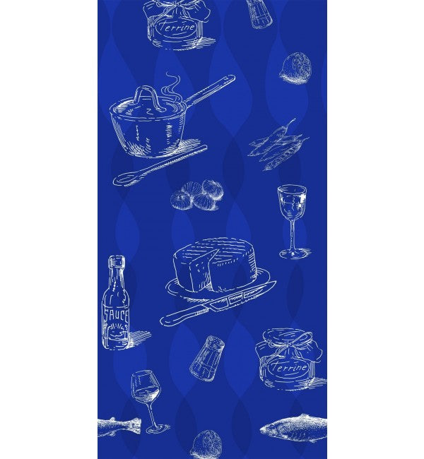 Blue designer laminate with suede finish, featuring white food illustrations and subtle wavy pattern, for decorative