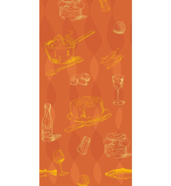 Orange designer laminate with high gloss finish, featuring kitchen utensils and food illustrations in yellow on a wavy