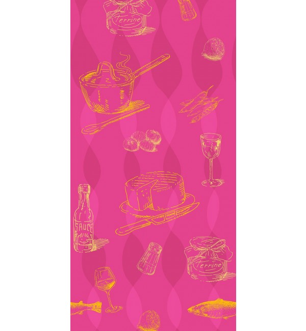 Multi-coloured suede finish decorative laminate with food pattern, yellow illustrations on pink background, diamond-shaped