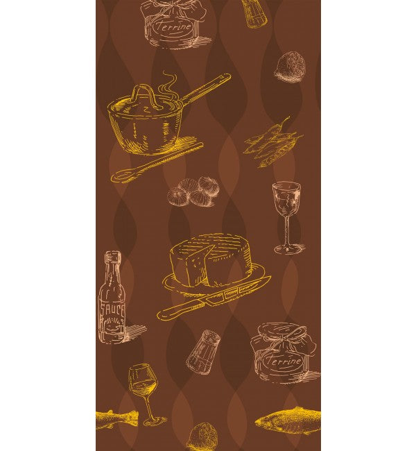 Brown suede finish decorative laminate with food illustrations and diamond pattern, showcasing yellow and white sketches of