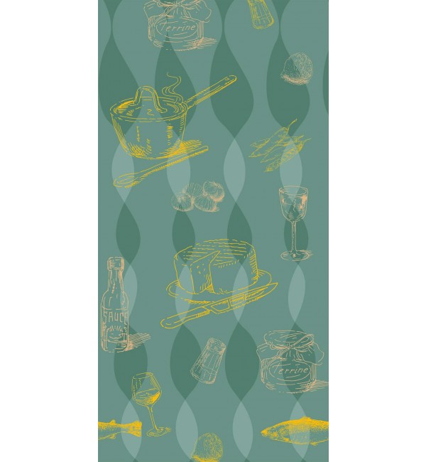 Green decorative laminate with suede finish, featuring food illustrations and diamond pattern in yellow and green hues.