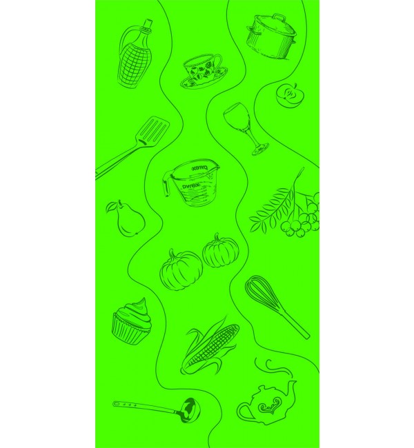 Beige high gloss designer laminate with food-themed pattern, featuring kitchen utensils and ingredients in a wavy line