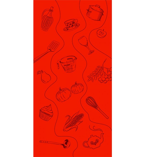Red suede finish decorative laminate with kitchen-themed line drawings and wavy pattern, showcasing various food and cooking