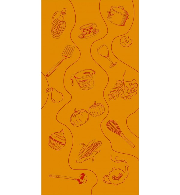 Beige designer laminate with high gloss finish and kitchen-themed pattern featuring food items and cooking utensils in red