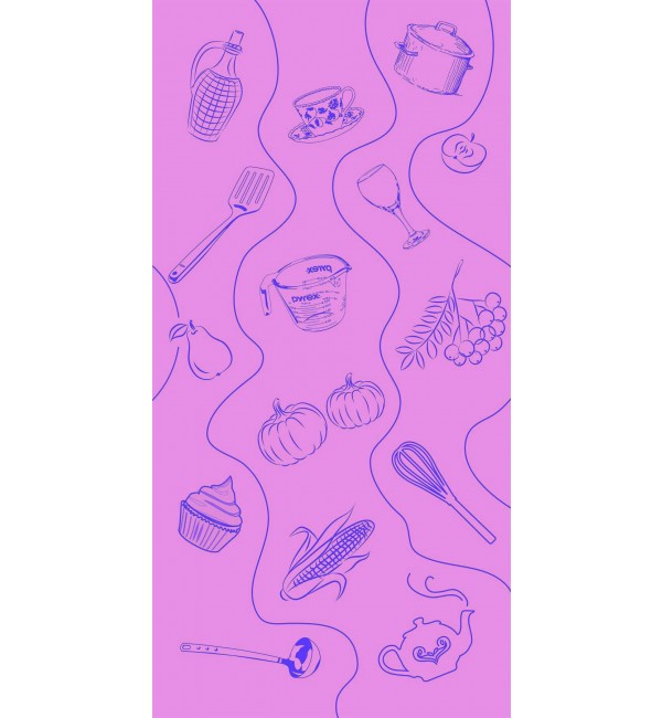 Pink designer laminate with suede finish, featuring kitchen utensils and food illustrations in blue lines on a wavy pattern.