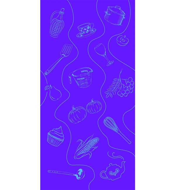 Purple decorative laminate with white kitchen utensil and food illustrations, high gloss finish, designer pattern, Comfort