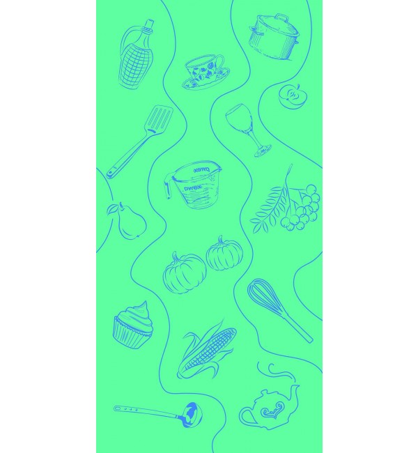 Green decorative laminate with suede finish, featuring kitchen utensils and food illustrations in blue line art on a wavy
