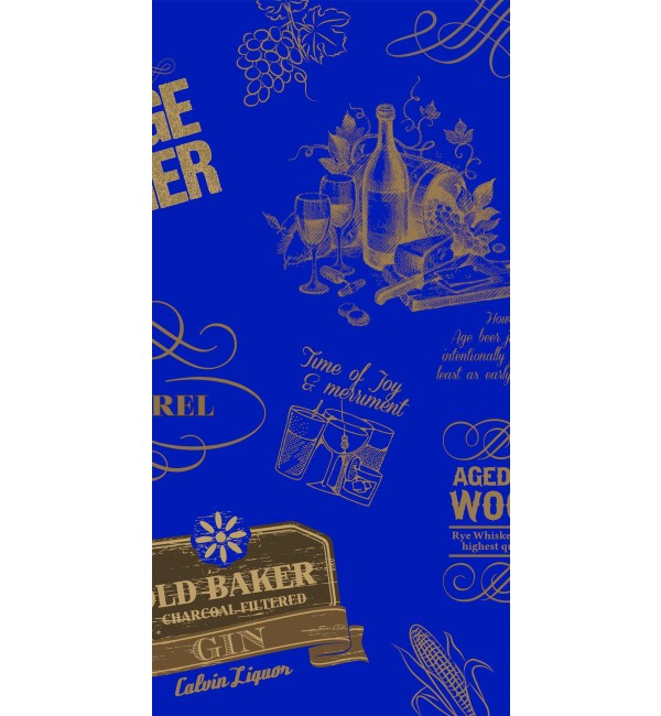 Blue suede decorative laminate with gold liquor-themed pattern and text, featuring wine glasses, bottles, and vintage labels.