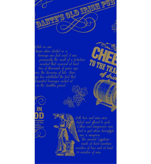 Blue decorative laminate with gold text and illustrations, high gloss finish, designer pattern with vintage pub theme