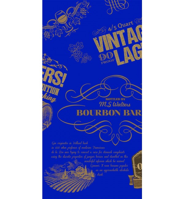 Blue suede decorative laminate with gold vintage wine illustrations and text, showcasing a designer pattern with ornate