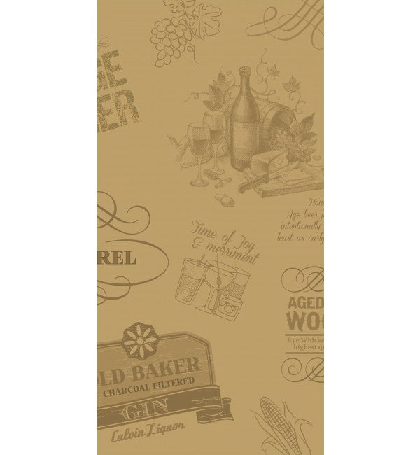 Tan designer laminate with vintage liquor illustrations and text, featuring high gloss finish and subtle texture.