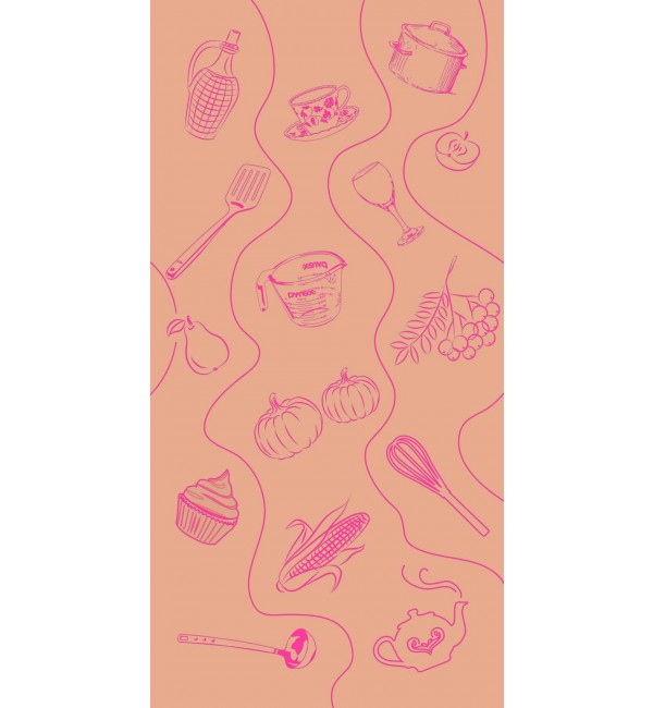 Pink kitchen-themed decorative laminate with high gloss finish, featuring food and utensil illustrations in wavy lines.