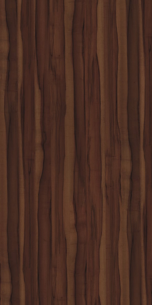 Brown wood grain laminate with suede finish and wavy vertical pattern, showing wood texture and varying shades of brown