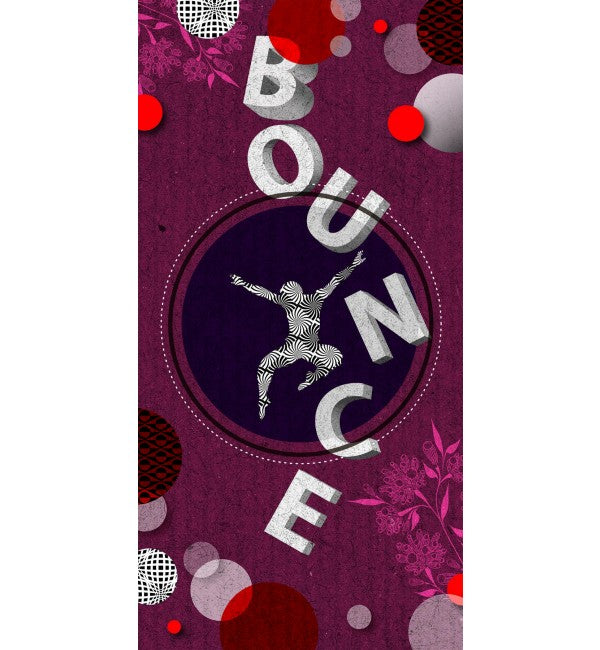 Purple suede designer laminate with abstract pattern and dancing figure illustration in a circular frame surrounded by