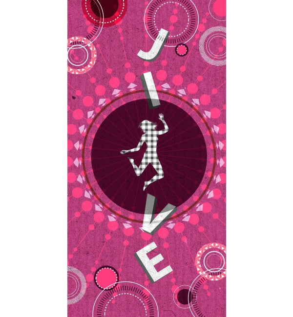 Multicolour high gloss designer laminate with abstract pattern and dancing figure in circular motif, vibrant pink background