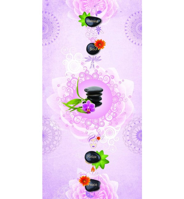 Purple designer laminate with suede finish, wellness theme, featuring mandalas, flowers, and stones in a vertical pattern.