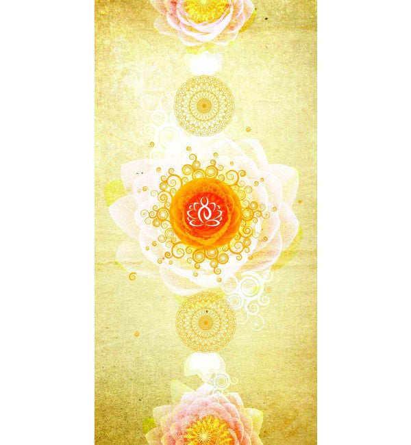Yellow decorative laminate with suede finish and floral pattern featuring white flowers and intricate golden designs on