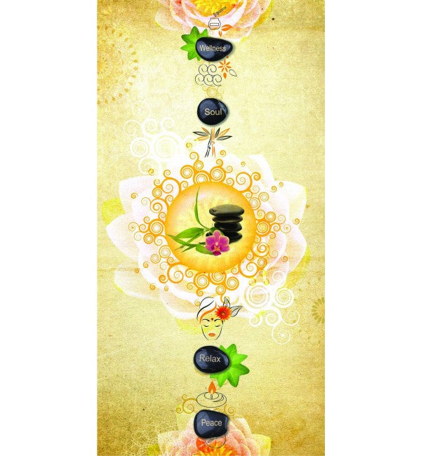 Multi-coloured designer laminate with suede finish, floral pattern, and wellness theme, featuring abstract designs and