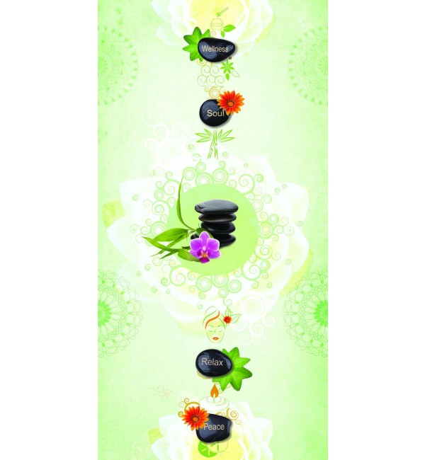 Green decorative laminate with floral pattern and high gloss finish, wellness design theme, abstract background with stones