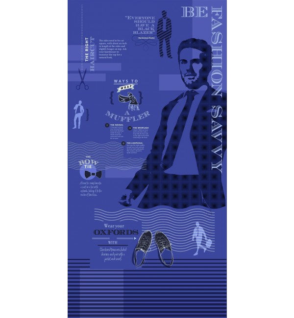 Blue suede decorative laminate with checkered pattern and abstract designs, featuring a man in suit and fashion accessories.
