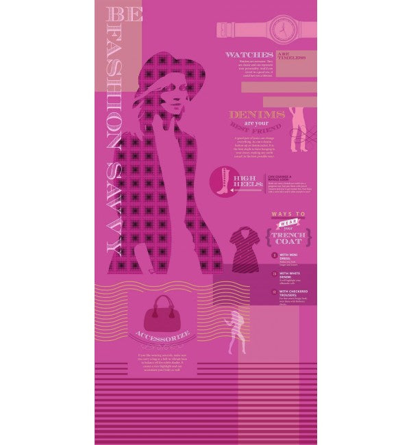 Pink high gloss designer laminate with fashion illustrations and text, showcasing stylish clothing and accessories in