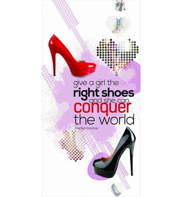 Red high heel shoe and black high heel shoe on designer laminate with quote and purple dotted pattern background