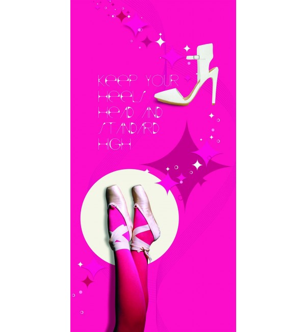 Pink suede decorative laminate with Ballerina design, featuring ballet shoes and high heels on a bright pink background with