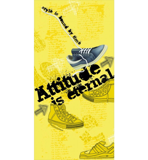 Yellow designer laminate with shoe graphics and text, high gloss finish, abstract pattern, bold typography.