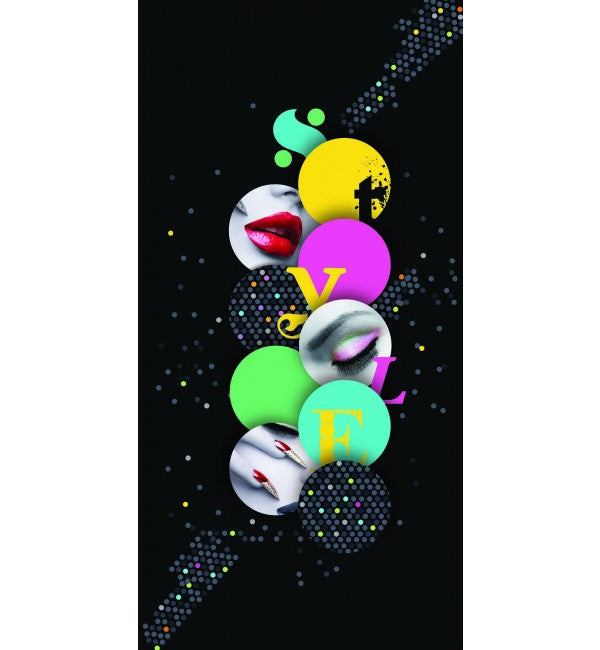 Multi-coloured suede finish designer laminate with abstract pattern and textured circles on a black background with dotted