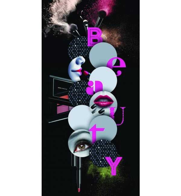 Black high gloss designer laminate with Beauty text overlay and makeup elements, showcasing glossy finish and decorative