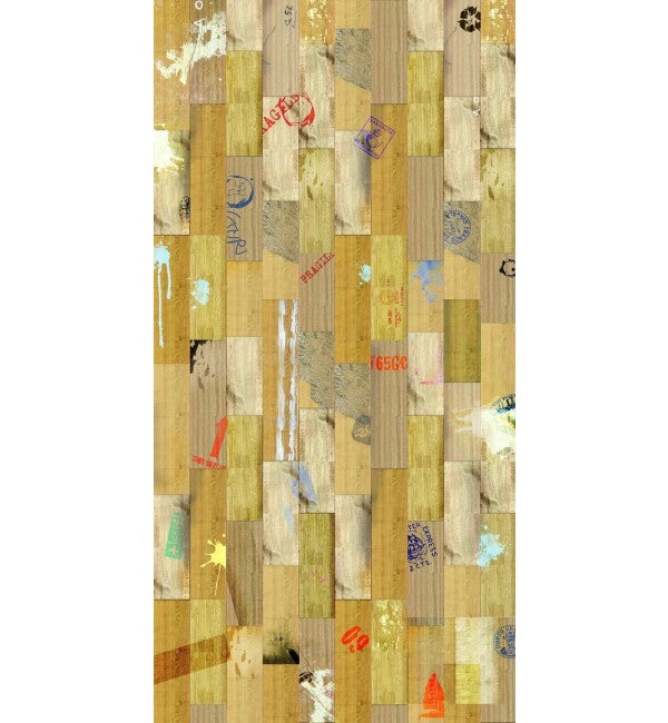 Multi-coloured high gloss decorative laminate with abstract patchwork pattern and varied textures and stamps on a wooden