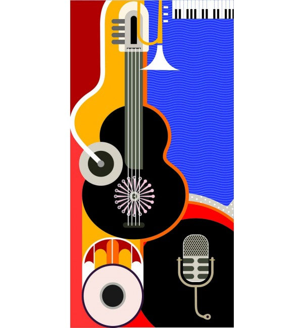 Multi-coloured music-themed decorative laminate with suede finish, featuring guitar, piano, and microphone illustrations on