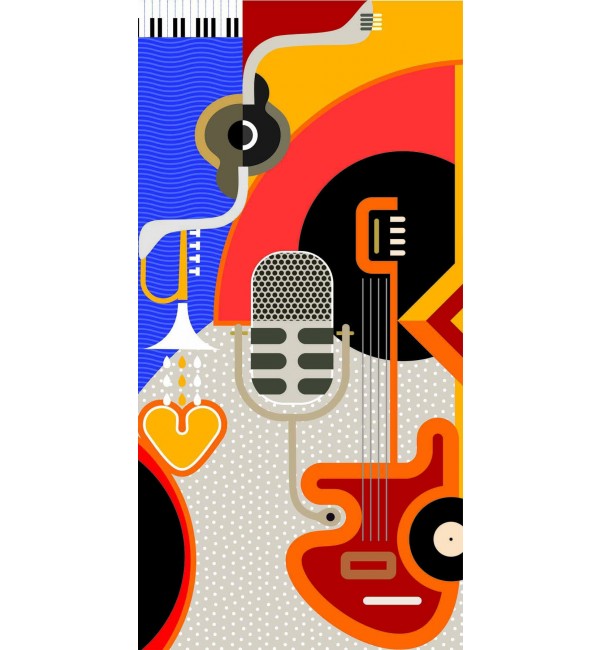 Multicolored music-themed decorative laminate with guitar and microphone design, high gloss finish, abstract shapes and