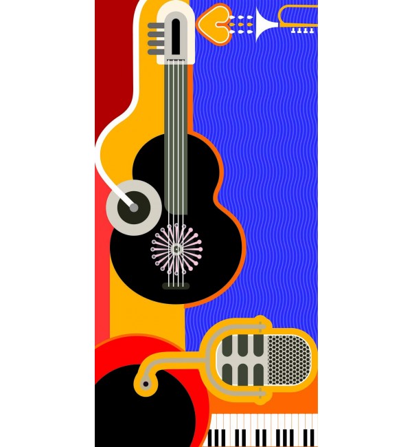 Multicolour high gloss designer laminate with musical instrument pattern, vibrant colours, and abstract design elements on