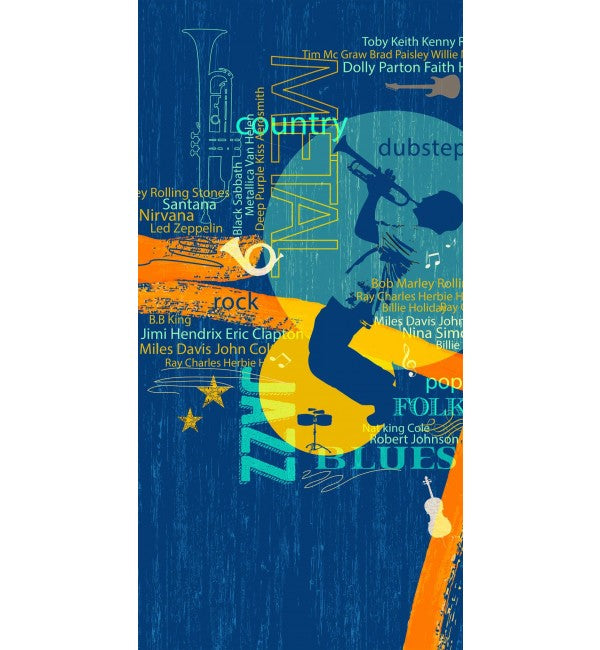 Blue high gloss decorative laminate with music-themed design featuring various instruments and artist names in yellow and